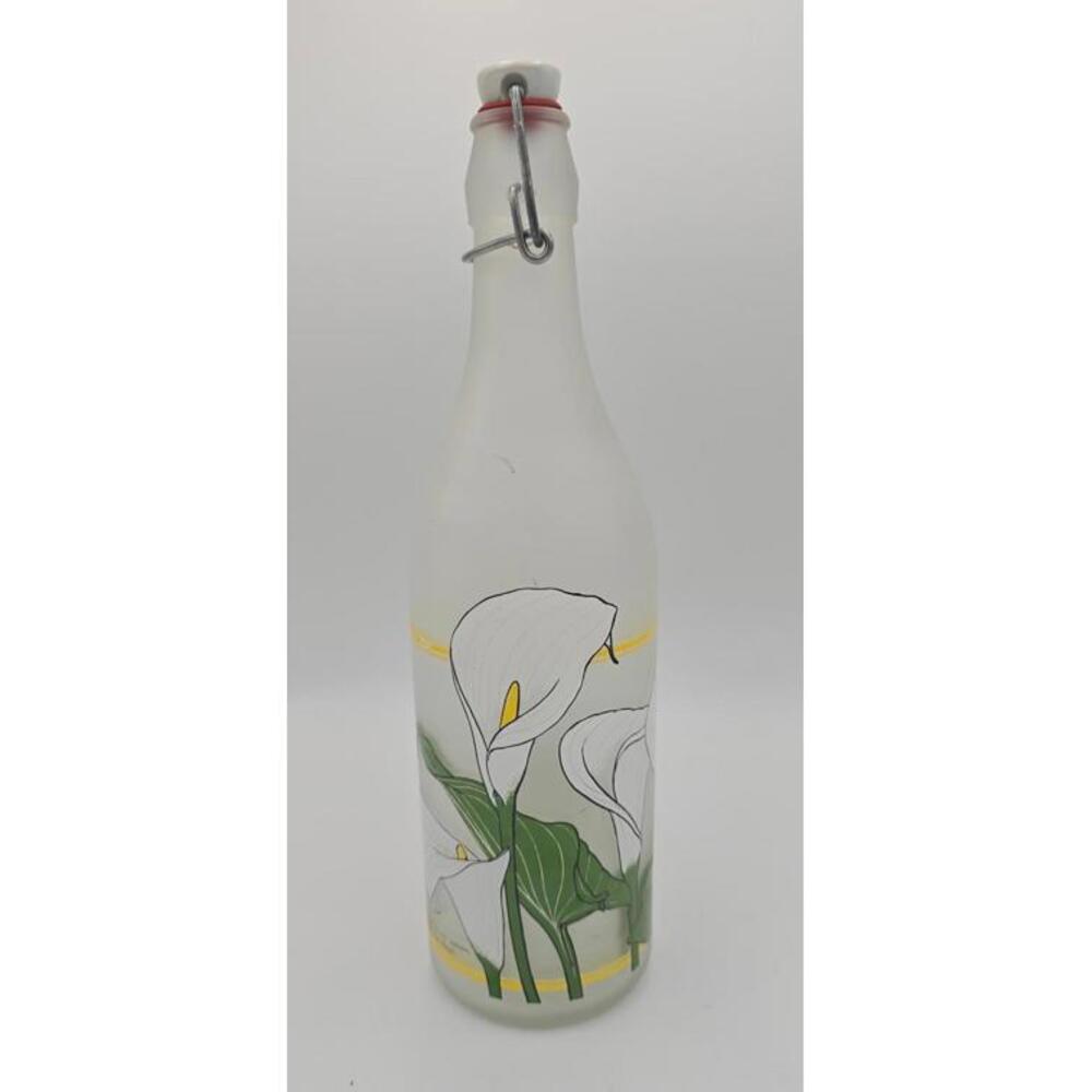 Vintage 1980s Italian Painted Calla Lily Lillian Vernon Frosted Glass Bottle